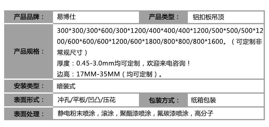 鋁合金方板天花產(chǎn)品參數(shù)