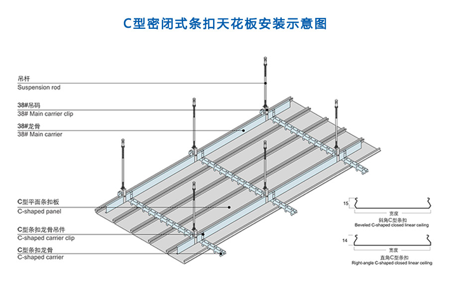 C型密閉式條扣天花板安裝示意圖
