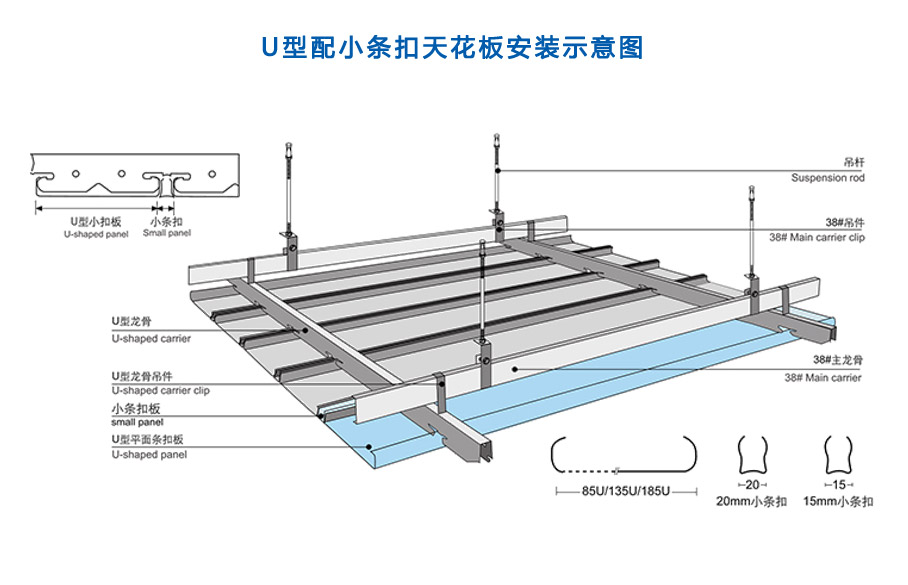 U型配小條扣天花板安裝示意圖