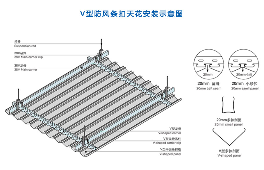 V型防風(fēng)條扣天花安裝示意圖