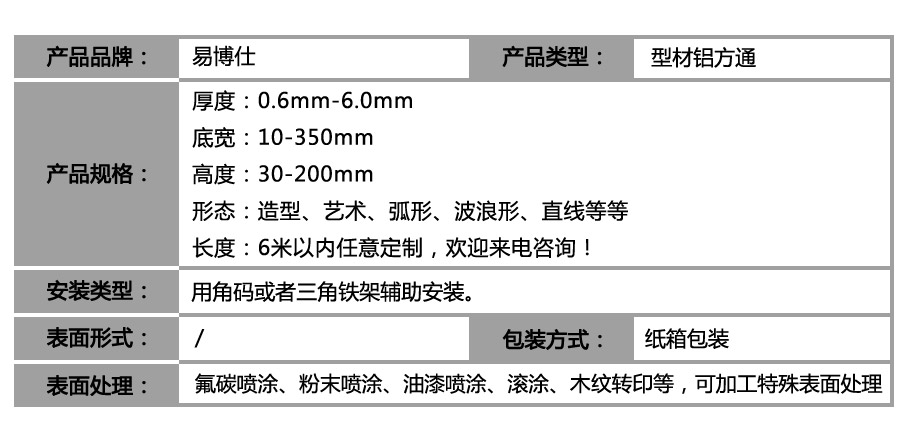 型材天花管_參數(shù)表