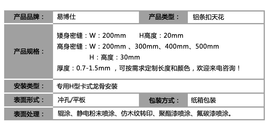 H型鋁條板_參數表